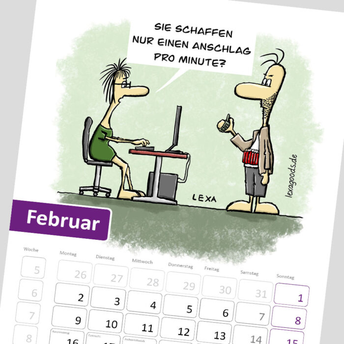 Februarblatt des Kalenders "Balance-Akten" 2026, lexatoons, cartoons zum Thema Arbeiten in Büro, Verwaltung und Behörden