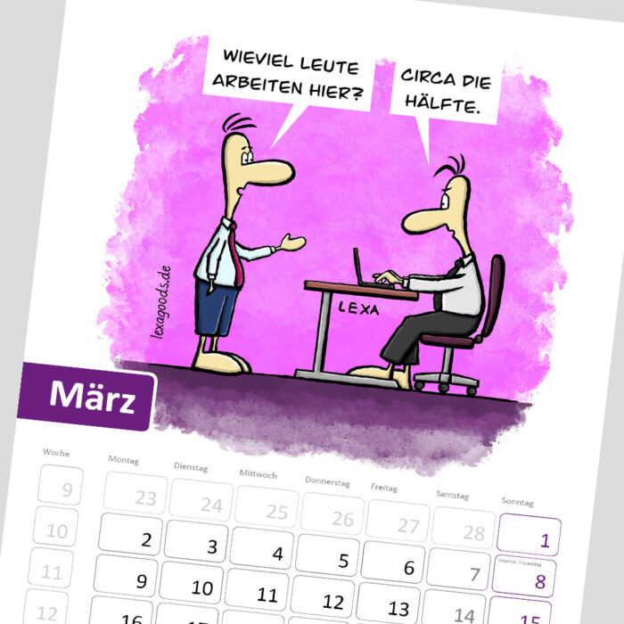 Märzblatt des Kalenders "Balance-Akten" 2026, lexatoons, cartoons zum Thema Arbeiten in Büro, Verwaltung und Behörden
