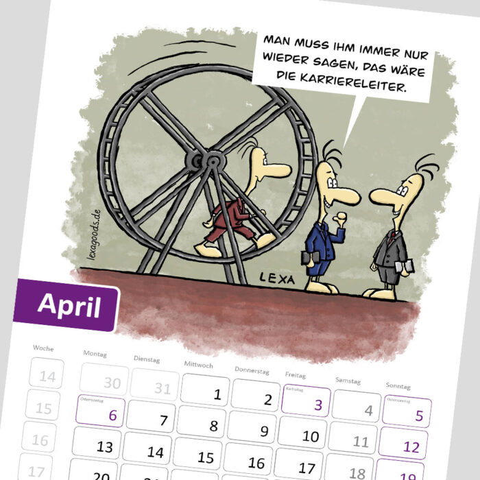 Aprilblatt des Kalenders "Balance-Akten" 2026, lexatoons, cartoons zum Thema Arbeiten in Büro, Verwaltung und Behörden