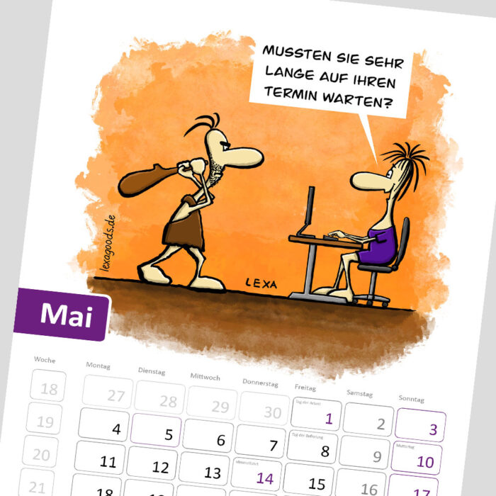 Maiblatt des Kalenders "Balance-Akten" 2026, lexatoons, cartoons zum Thema Arbeiten in Büro, Verwaltung und Behörden