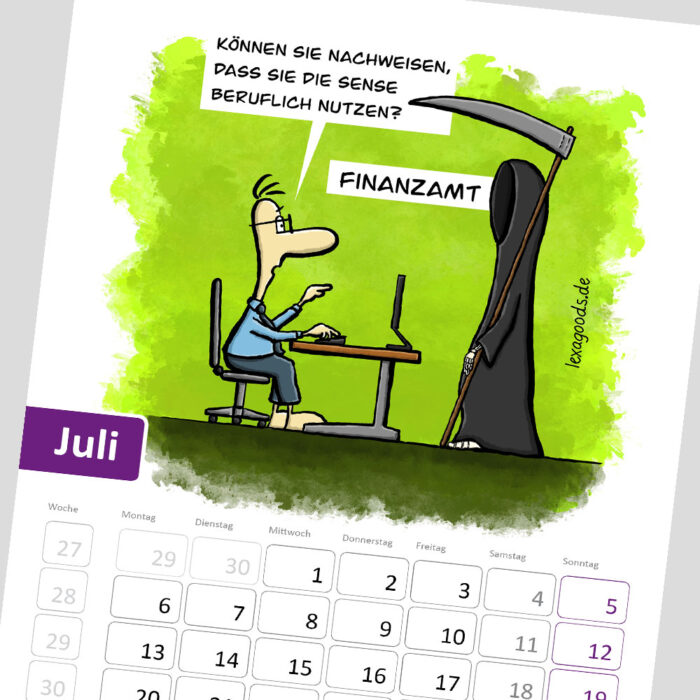 Juliblatt des Kalenders "Balance-Akten" 2026, lexatoons, cartoons zum Thema Arbeiten in Büro, Verwaltung und Behörden