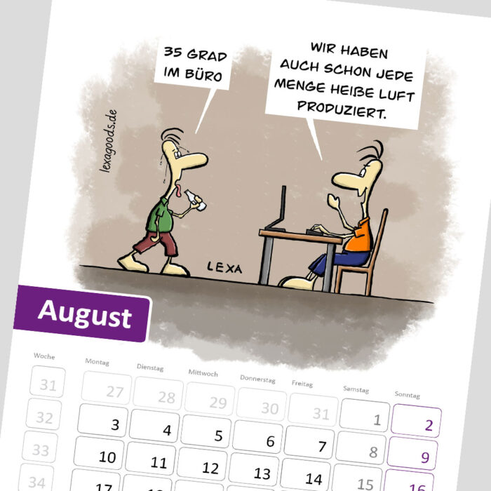 Augustblatt des Kalenders "Balance-Akten" 2026, lexatoons, cartoons zum Thema Arbeiten in Büro, Verwaltung und Behörden