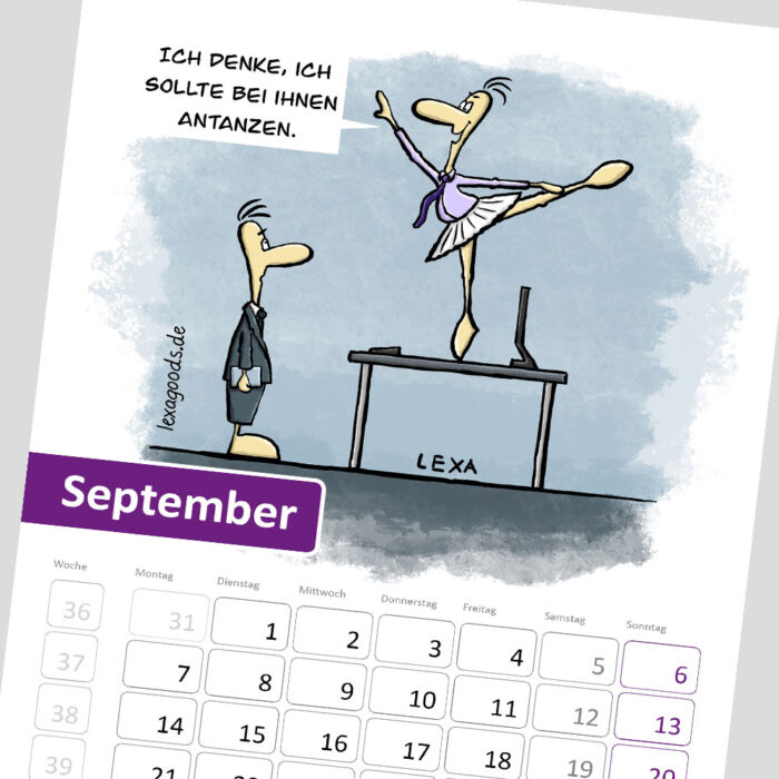 Septemberblatt des Kalenders "Balance-Akten" 2026, lexatoons, cartoons zum Thema Arbeiten in Büro, Verwaltung und Behörden