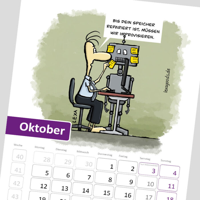 Oktoberblatt des Kalenders "Balance-Akten" 2026, lexatoons, cartoons zum Thema Arbeiten in Büro, Verwaltung und Behörden