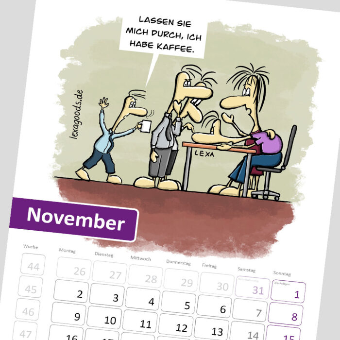 Novemberblatt des Kalenders "Balance-Akten" 2026, lexatoons, cartoons zum Thema Arbeiten in Büro, Verwaltung und Behörden