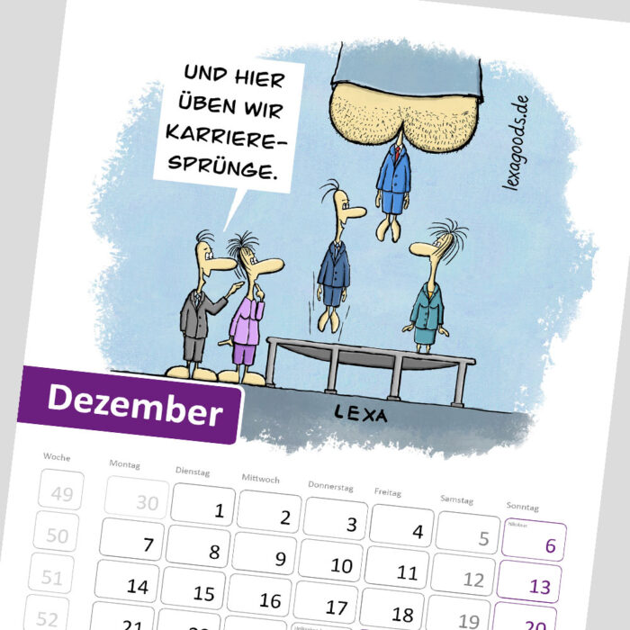 Dezemberblatt des Kalenders "Balance-Akten" 2026, lexatoons, cartoons zum Thema Arbeiten in Büro, Verwaltung und Behörden